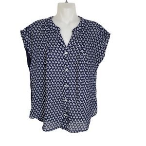 Papermoon Womens Top Size MP Petite Button Printed Mixed Media Short Cap Sleeve